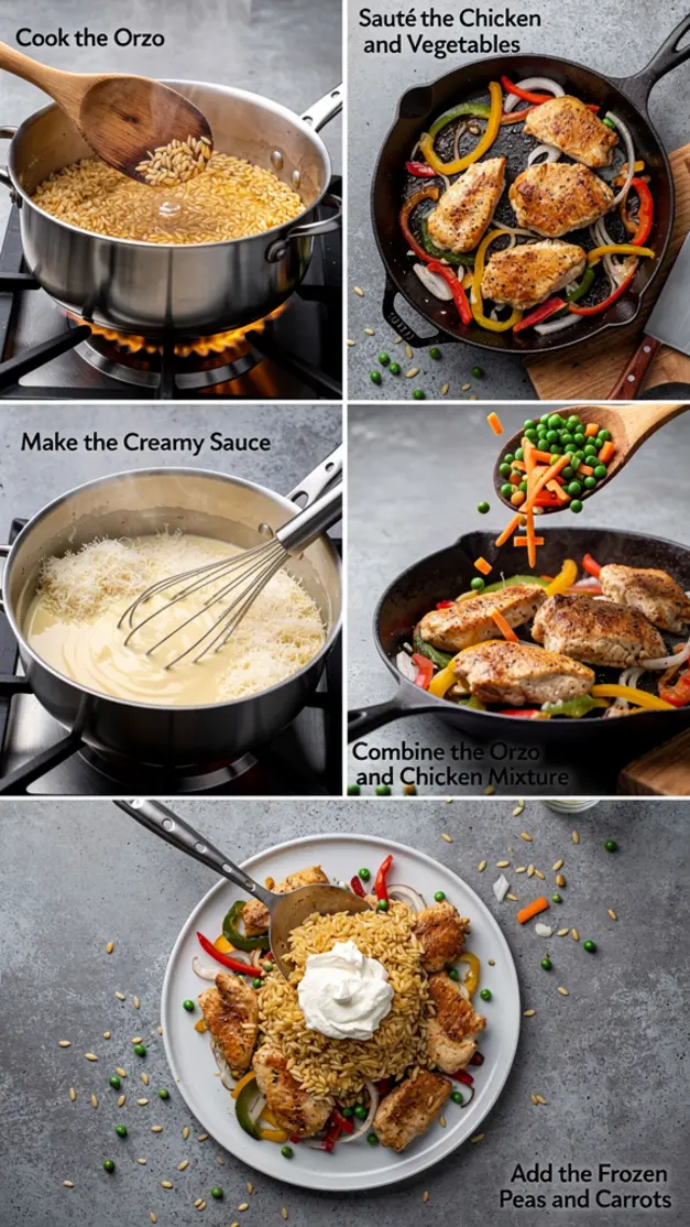 Step-by-step process for Creamy Tuscan Chicken Orzo Recipe (One Pan, 30 Minutes)
