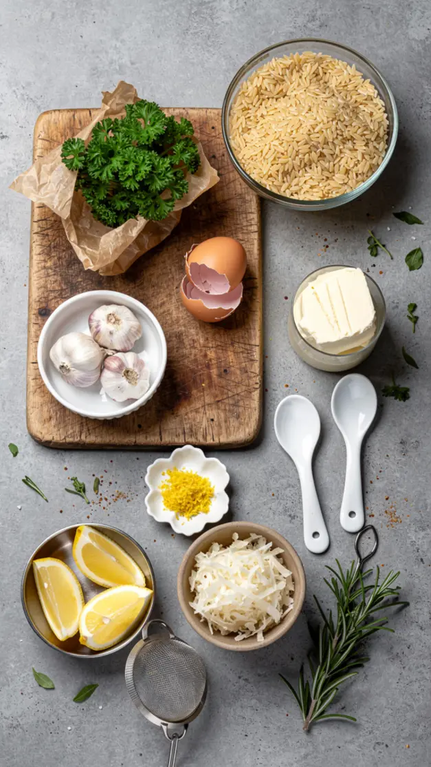 Ingredients for Garlic Butter Shrimp Orzo with Lemon & Fresh Herbs Recipe