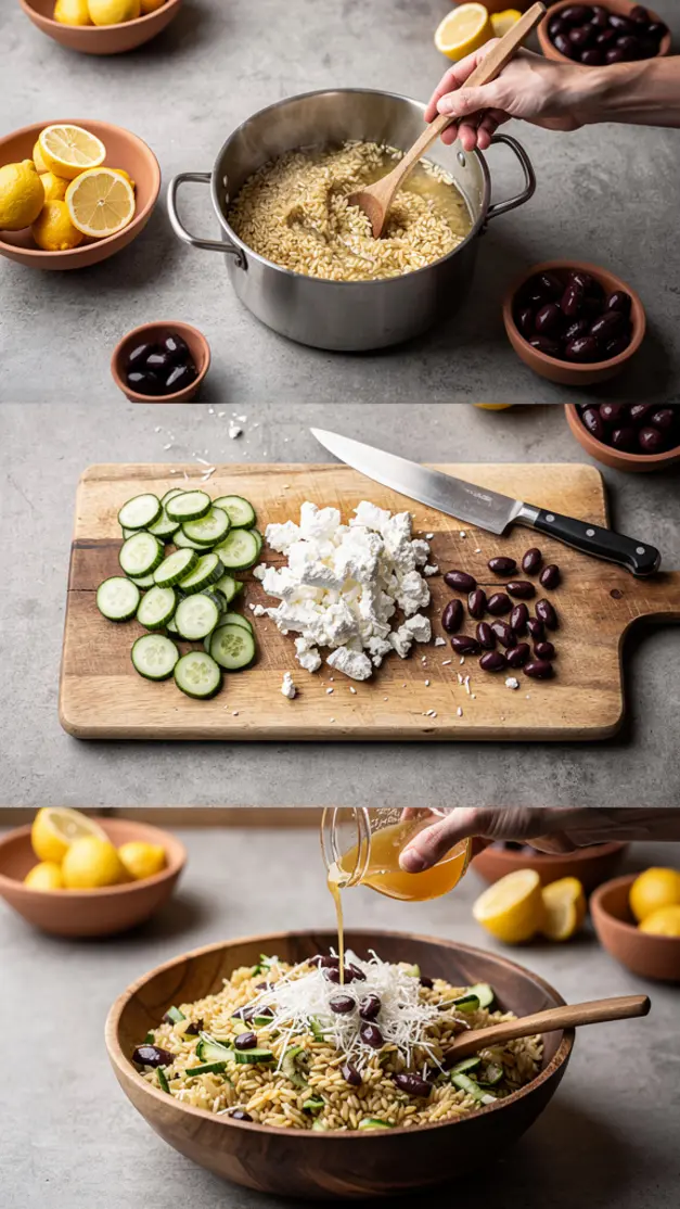Step-by-step process for Greek Orzo Salad with Cucumber, Feta & Kalamata Olives Recipe