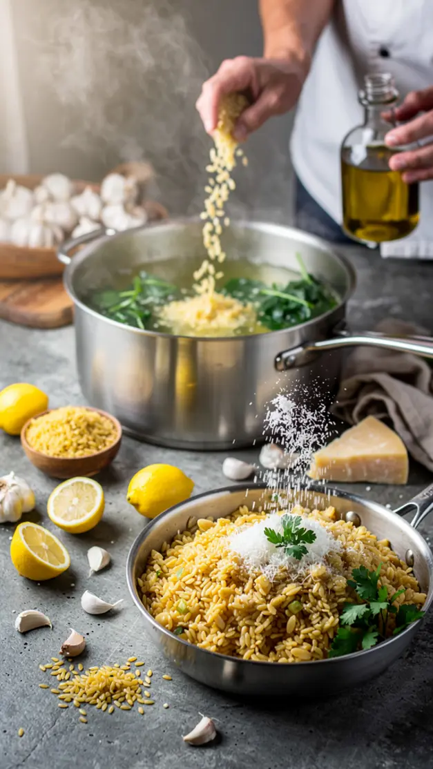 Step-by-step process for One-Pot Lemon Orzo with Spinach & Parmesan Recipe