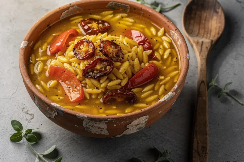 Sun-Dried Tomato & Roasted Red Pepper Orzo Soup Recipe, Easy Sun-Dried Tomato Soup, Homemade Orzo Soup, Best Orzo Soup Recipe, How to Make Orzo Soup