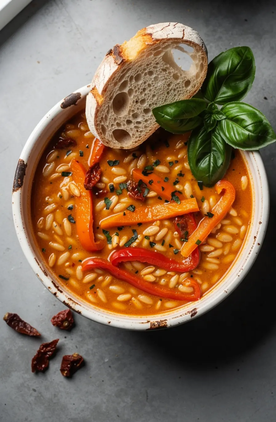 Sun-Dried Tomato & Roasted Red Pepper Orzo Soup Recipe – finished dish