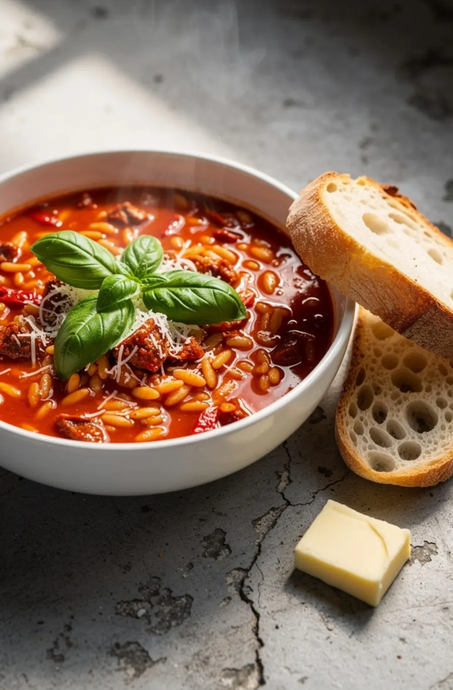 Sun-Dried Tomato & Roasted Red Pepper Orzo Soup Recipe – finished dish