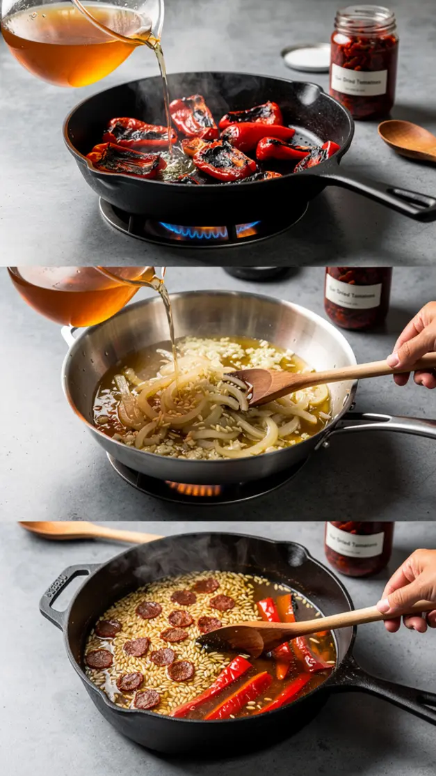 Step-by-step process for Sun-Dried Tomato & Roasted Red Pepper Orzo Soup Recipe