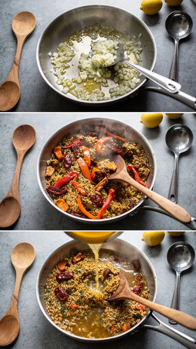 Step-by-step process for Sun-Dried Tomato & Roasted Red Pepper Orzo Soup Recipe